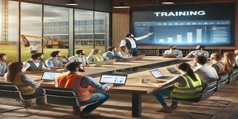 A modern boardroom setting where a diverse group of employees in the construction trade are learning about how to use software for training in the field